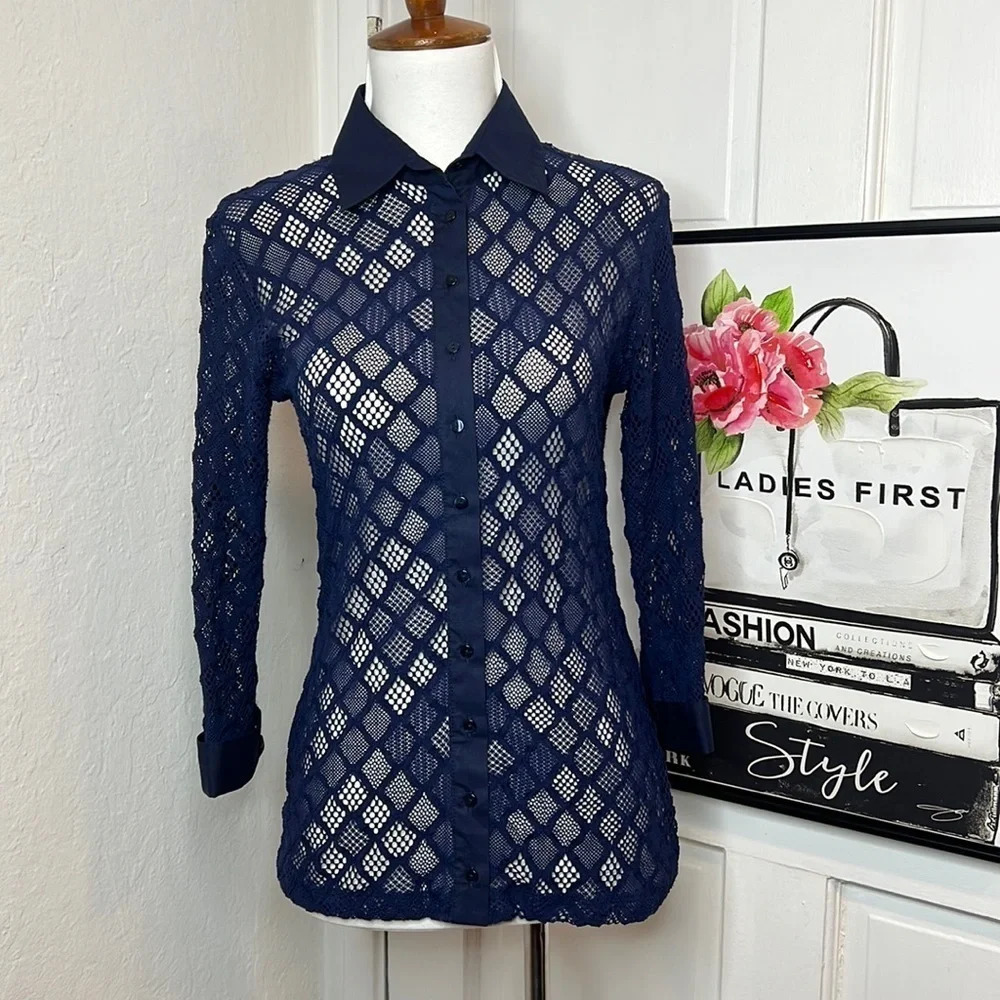 Anne Fontaine Leola Navy Knit Button Down 3/4 Sleeve Blouse Size 38/4-6US